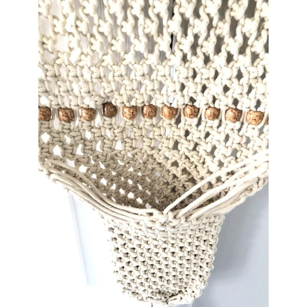 Handmade Macrame Hanging Plant Holder Hanger Wood Beads MCM Boho